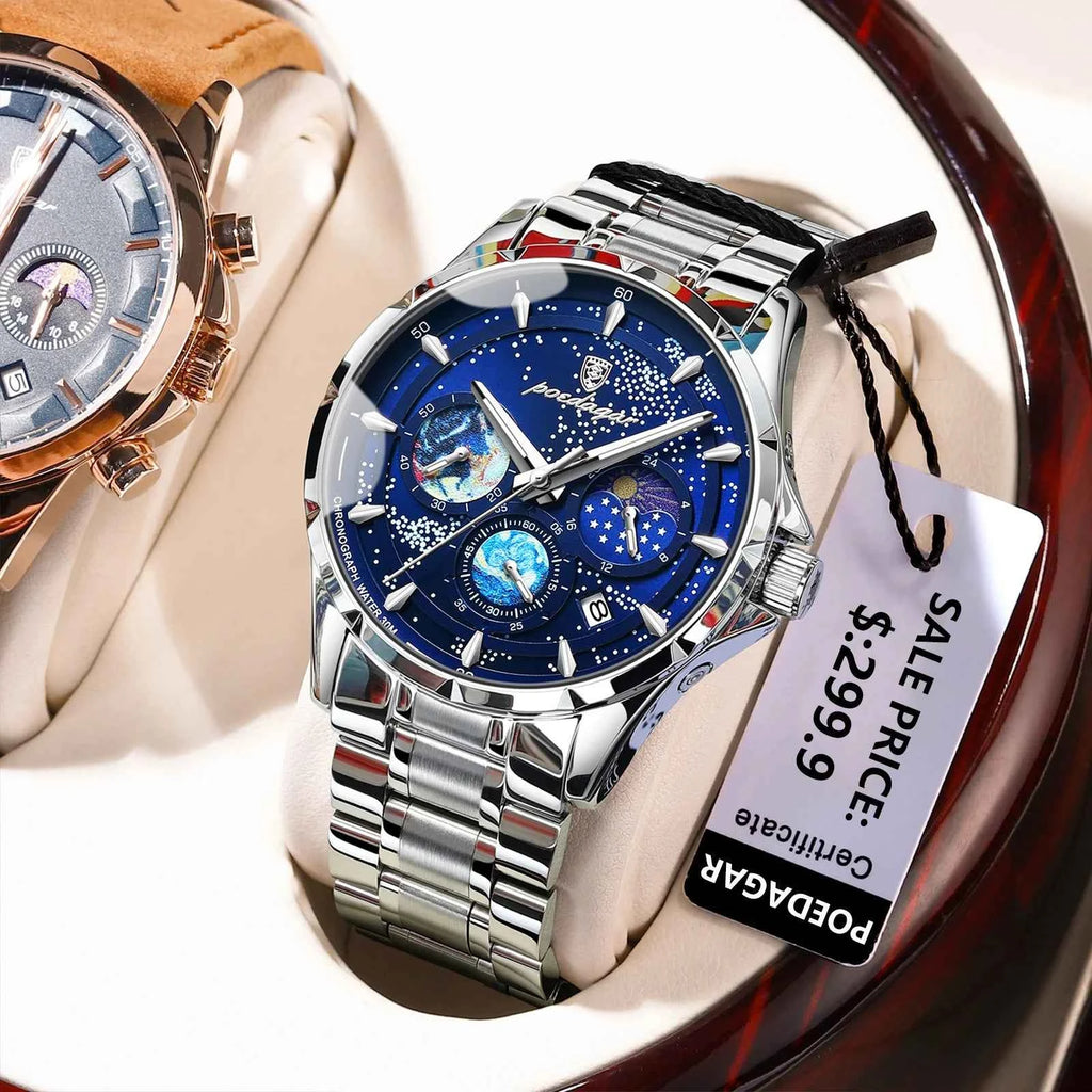 POEDAGAR Luxury Quartz Man Watch Chronograph Date Men's Stainless Steel Watch Luminous Waterproof Fashion Watches for Men Reloj