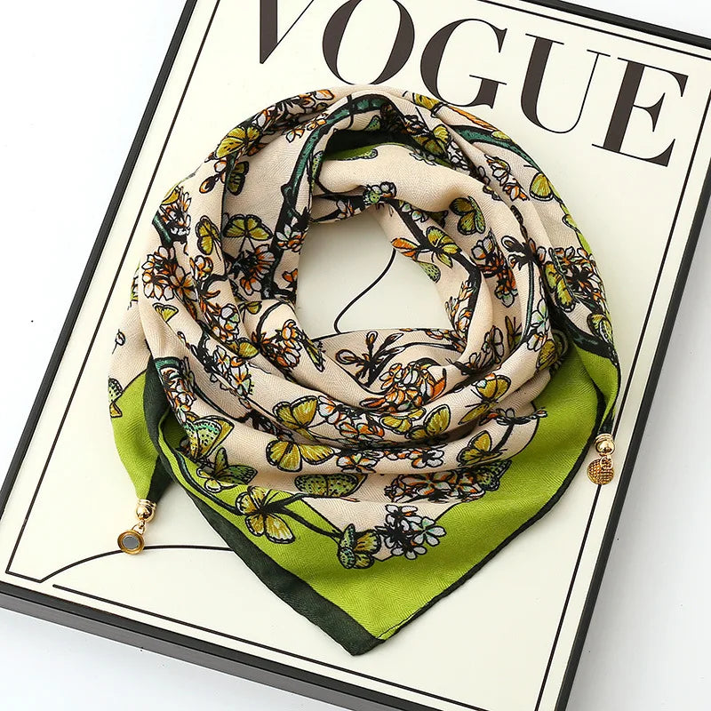 Luxury Silk Square Scarf - Magnetic Buckle & Print