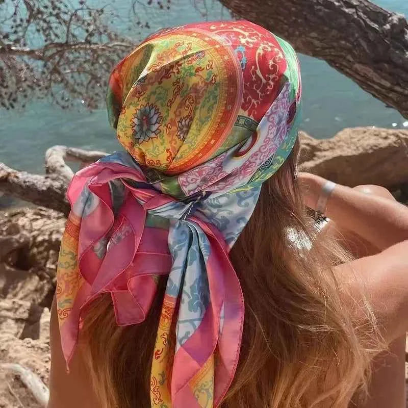 Elegant Square Silk Scarf - Satin Print Luxury Headband