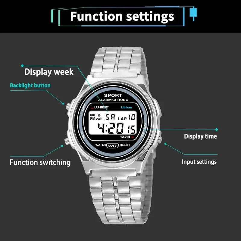 Retro Stainless Steel Ladies LED Digital Watch - Gold & Rose Gold