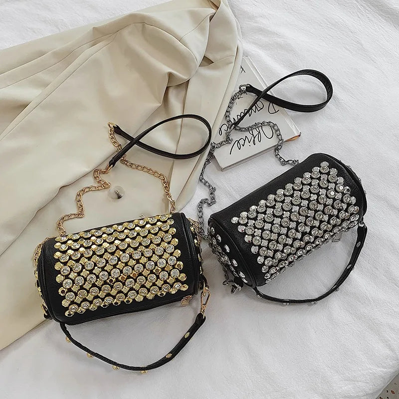 Elegant Cylindrical Shoulder Bag - Luxury Studded Design