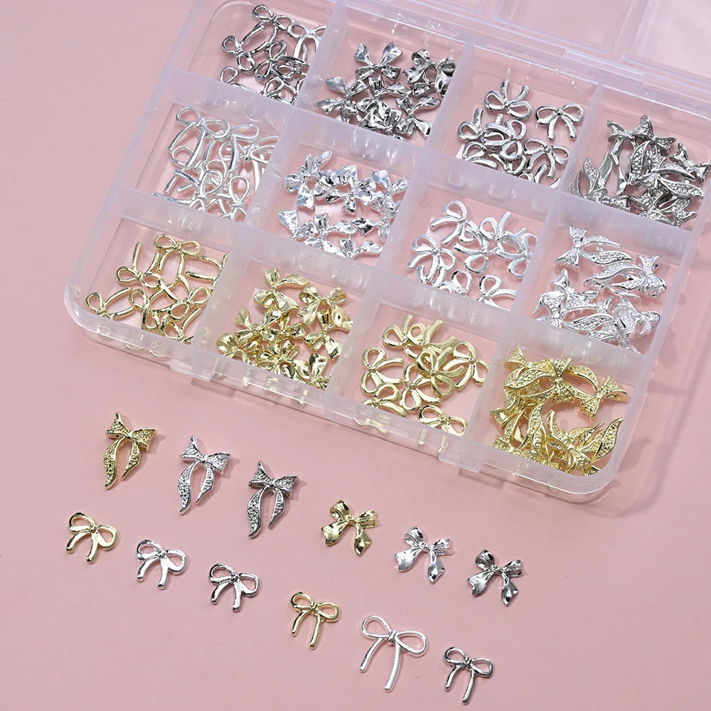 Luxury 3D Gold Bow Nail Metal Charms - 120pcs Shiny Art Supplies