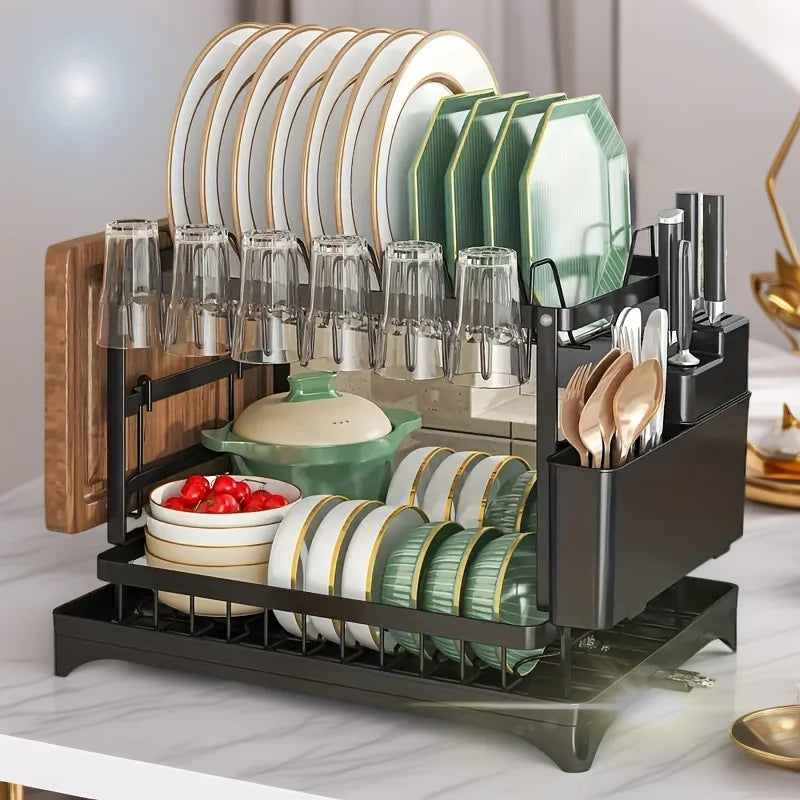 Stainless Steel Dish Rack - double-layer, black or white, with compartments for dishes, cups, and utensils