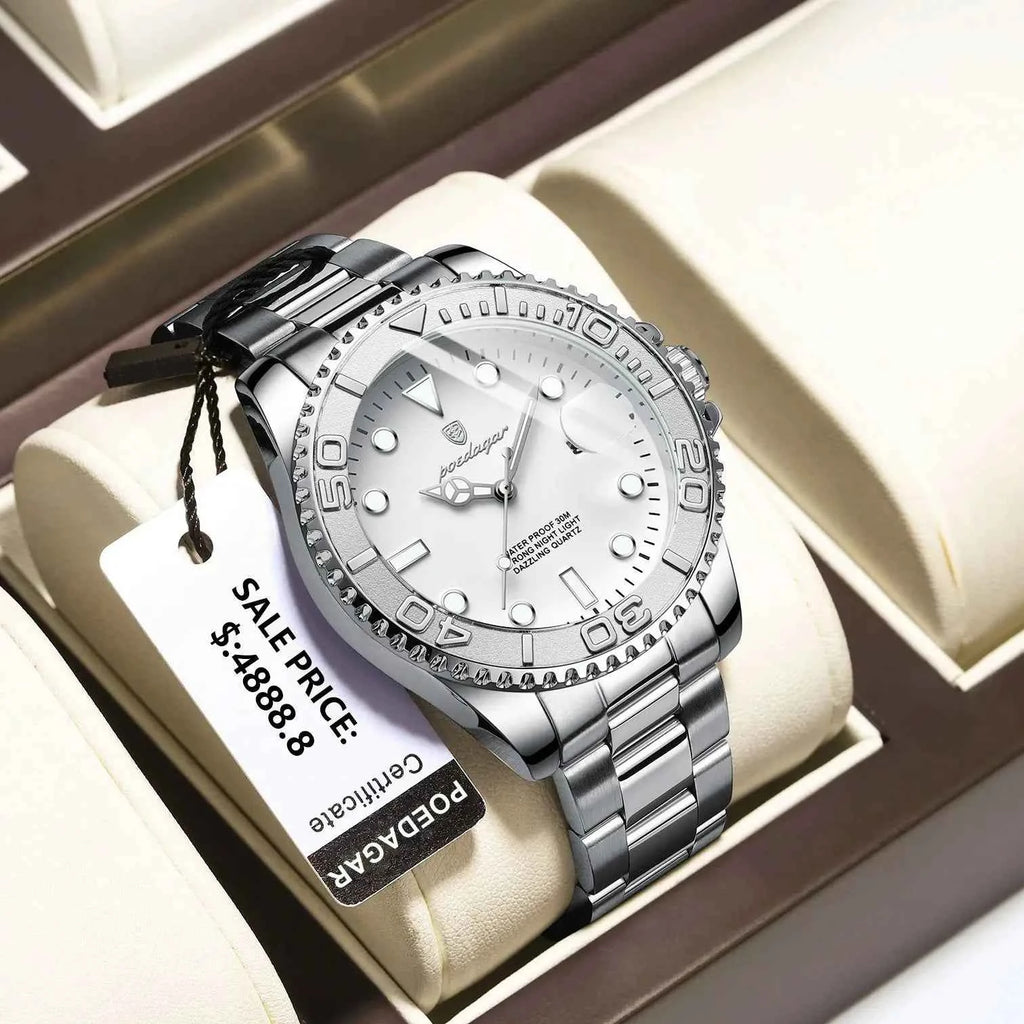 Men's luxury military watch - black dial with stainless steel band