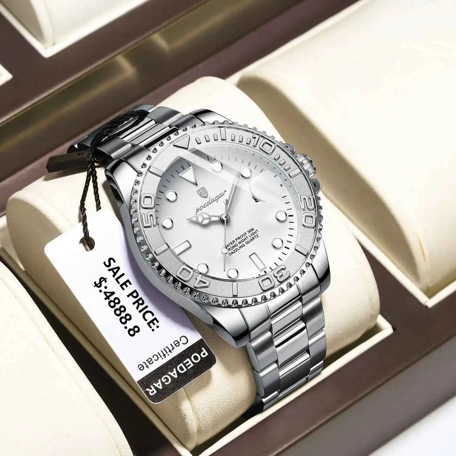 Men's luxury military watch - black dial with stainless steel band