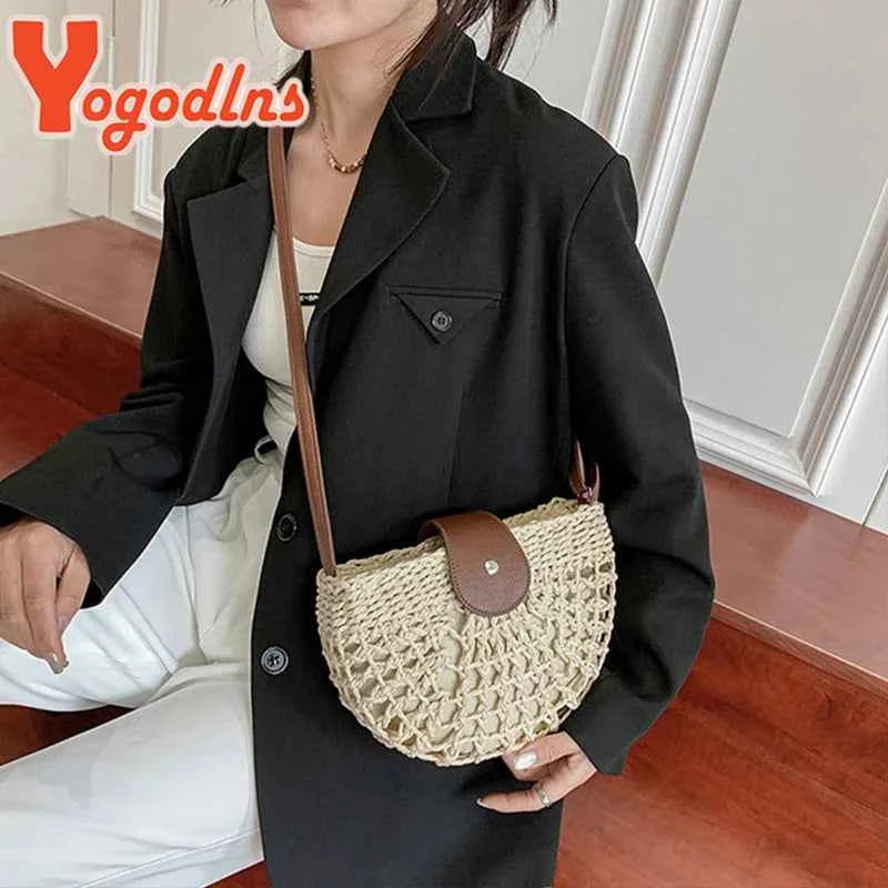 Elegant Straw Semicircle Bag - Chic Summer Crossbody