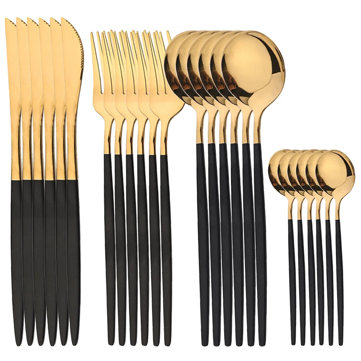 Gold stainless steel flatware set - 24 pieces with mirror finish, including forks, knives, and spoons