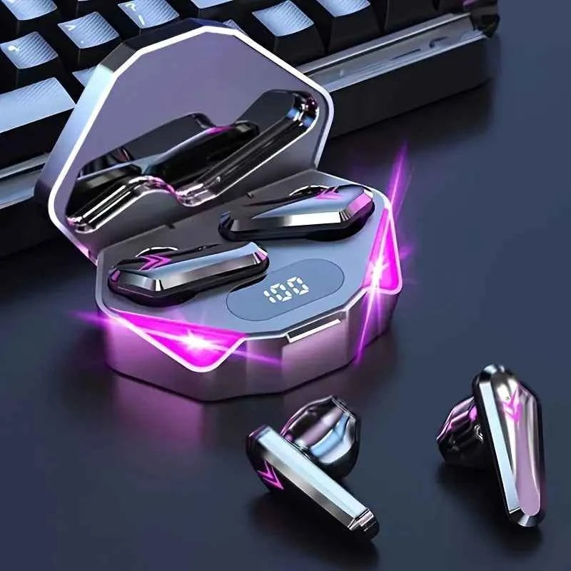 Wireless gaming earbuds with LED display - black TWS earbuds in charging case with blue LED lights