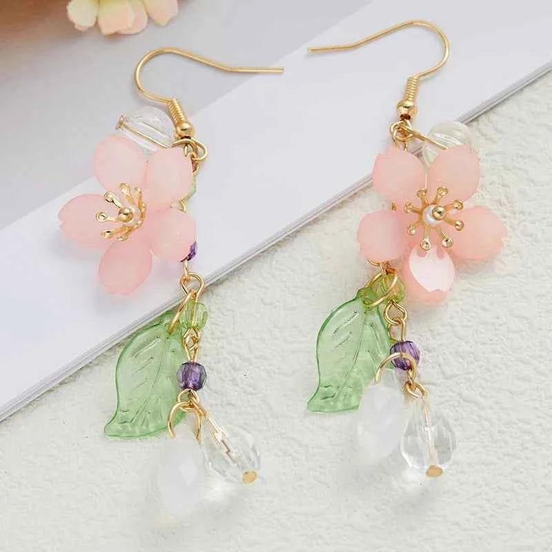 Elegant Pink Flower Tassel Drop Earrings - Long Floral Holiday Jewelry