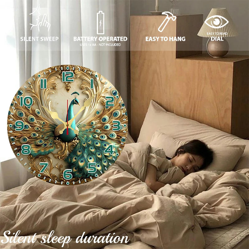 Elegant Peacock Wooden Wall Clock - Silent & Decorative