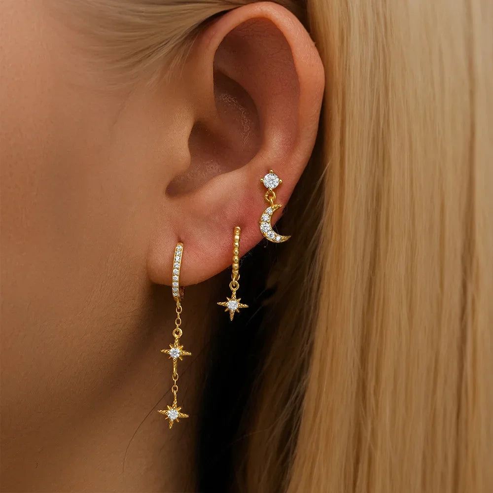 Luxury Zircon Stud Earrings - Gold Moon & Star Set