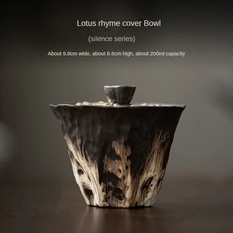 Elegant Embossed Lotus Ceramic Tea Gaiwan - Wabi Sabi Style