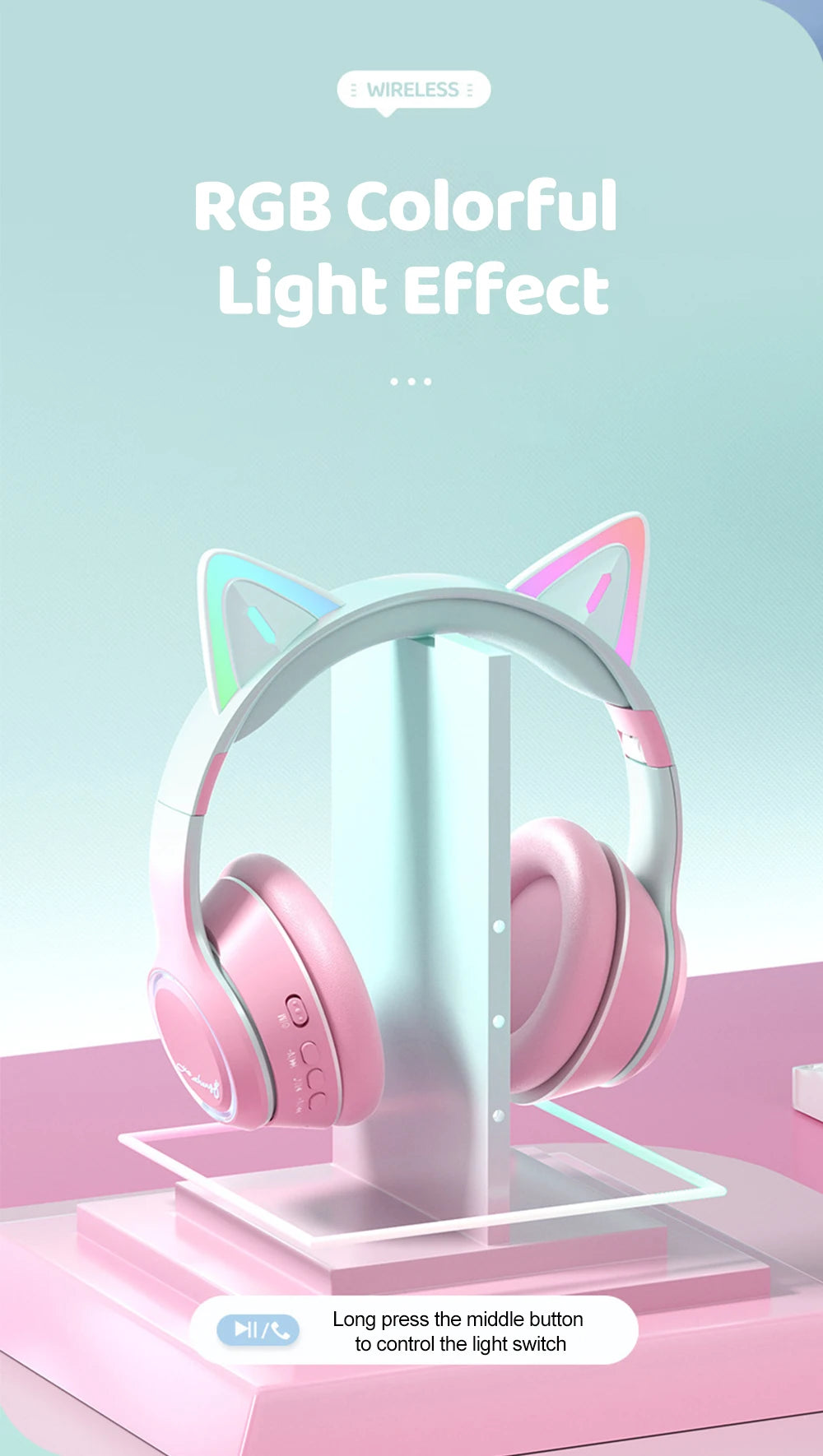 Premium RGB Cat Ear Headphones - Wireless Bluetooth 5.3 & Mic