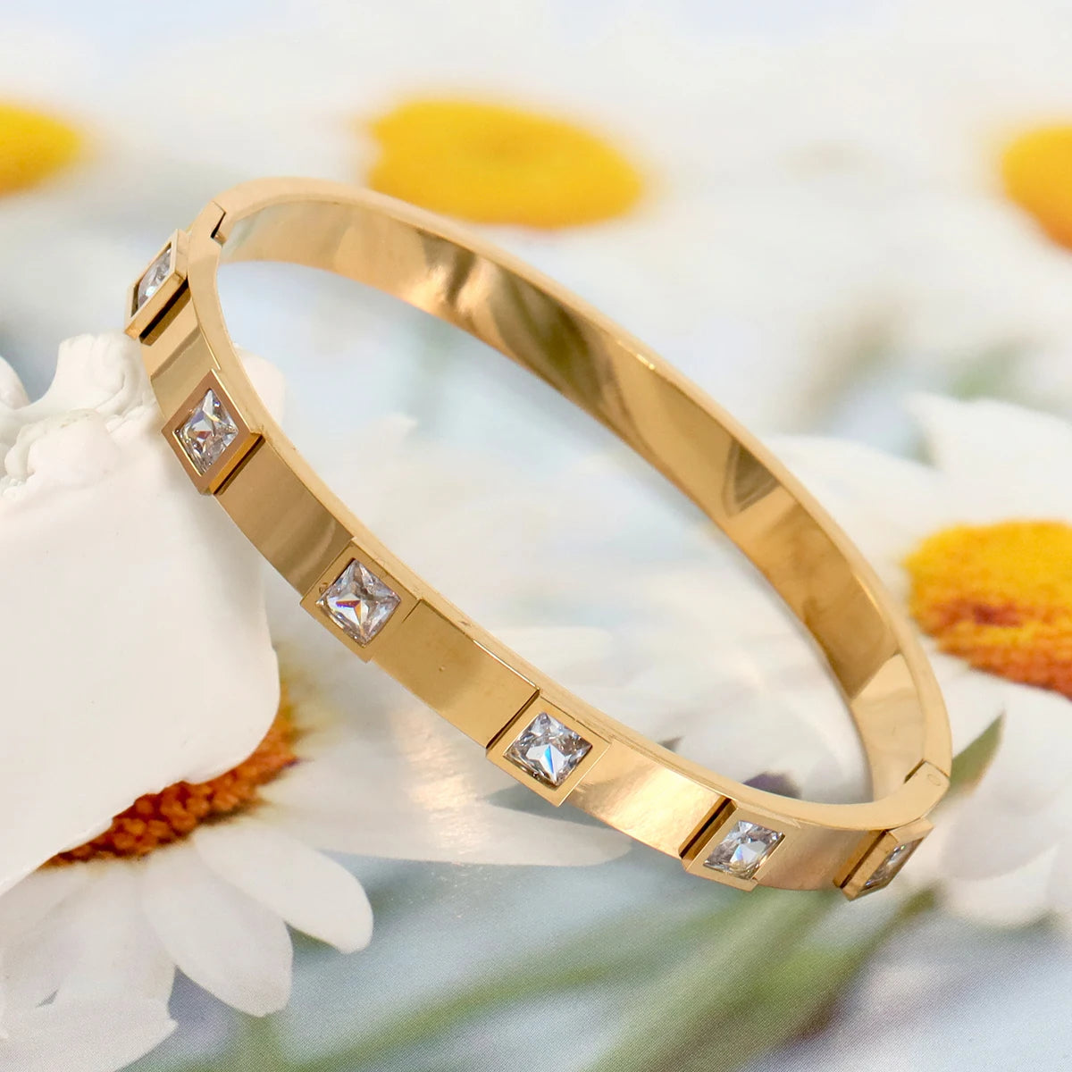 Elegant Gold Zircon Bangle - Stainless Steel & Retro Design