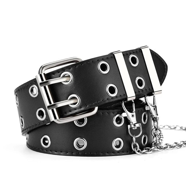 Luxury Women Leather Belt with Chain - Retro Punk Pin Buckle