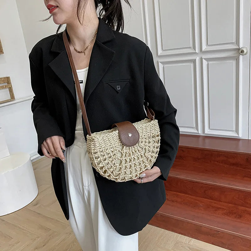 Elegant Straw Semicircle Bag - Chic Summer Crossbody
