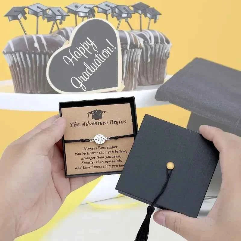 New graduation season and back-to-school season gifts: Doctoral cap gift box, stainless steel compass, woven bracelet, band card