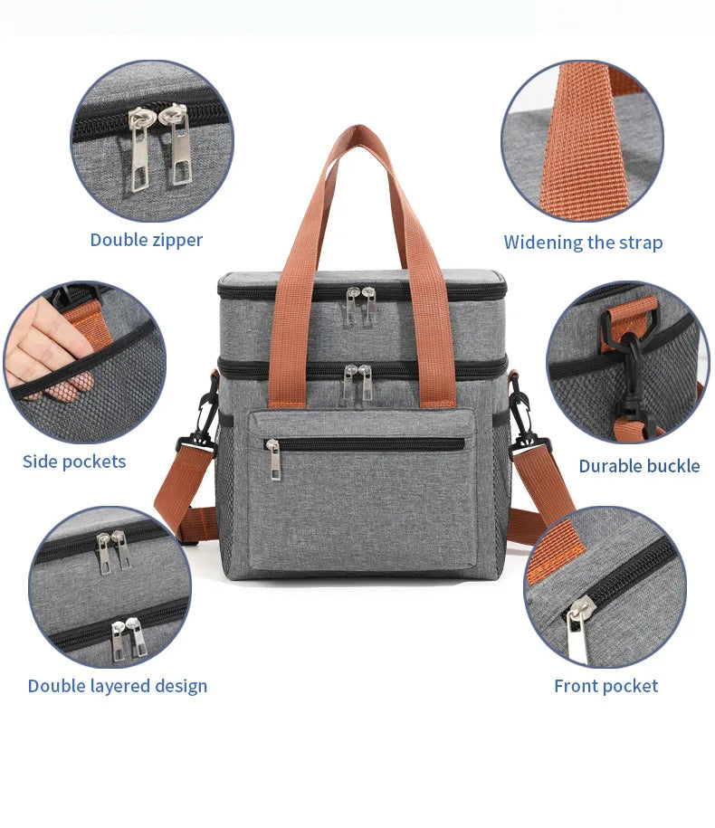 Insulated Lunch Bag - Portable Double-Layer Cooler Tote with Large Capacity and Crossbody Strap for Food Storage, Drinks & Meals - Tulique