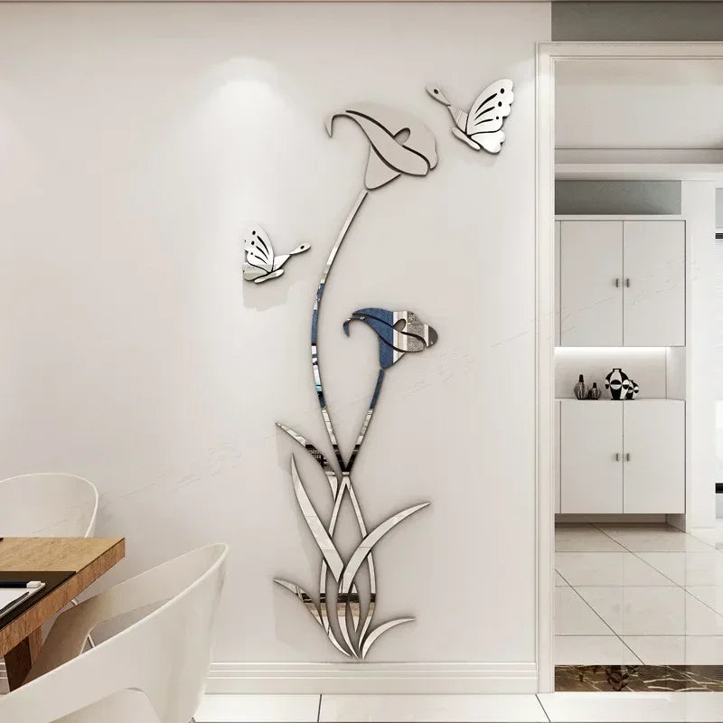 Butterfly lily wall decals - Gold acrylic mirror flower wall sticker in a modern living room