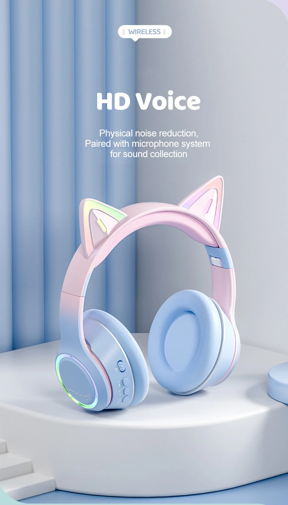 Premium RGB Cat Ear Headphones - Wireless Bluetooth 5.3 & Mic