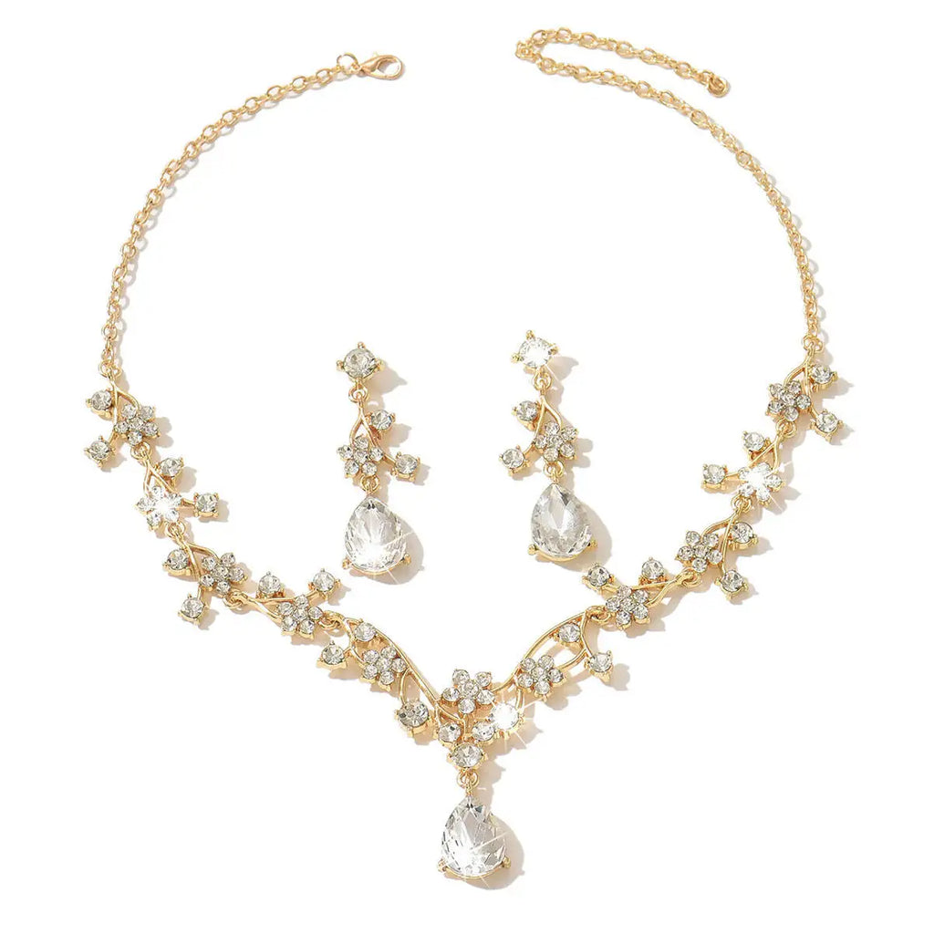 Elegant Floral Rhinestone Bridal Jewelry Set - Necklace & Earrings