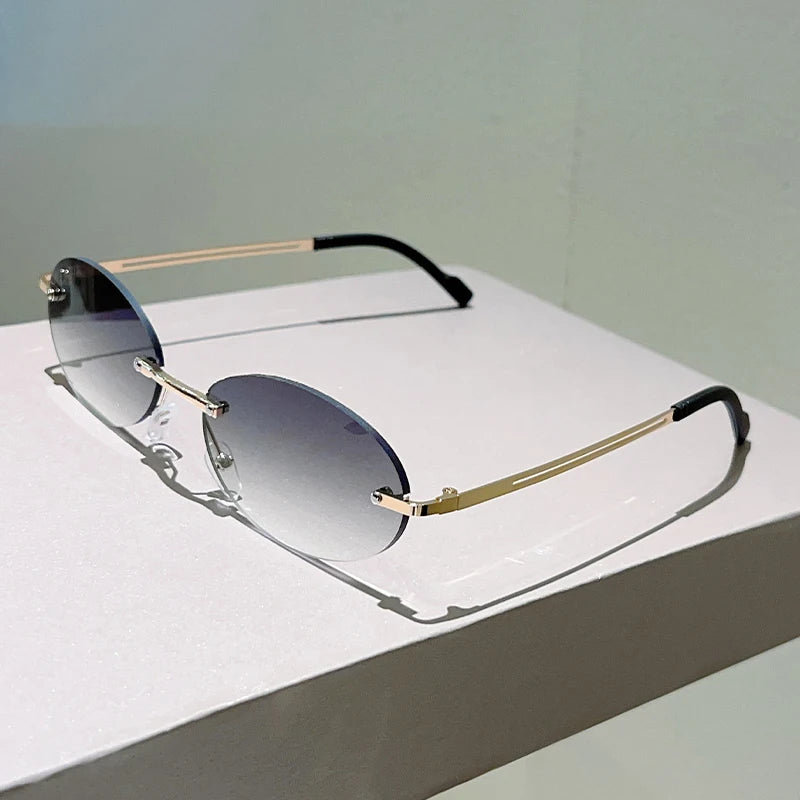 Trendy Rimless Oval Sunglasses - Vintage Gradient Shades