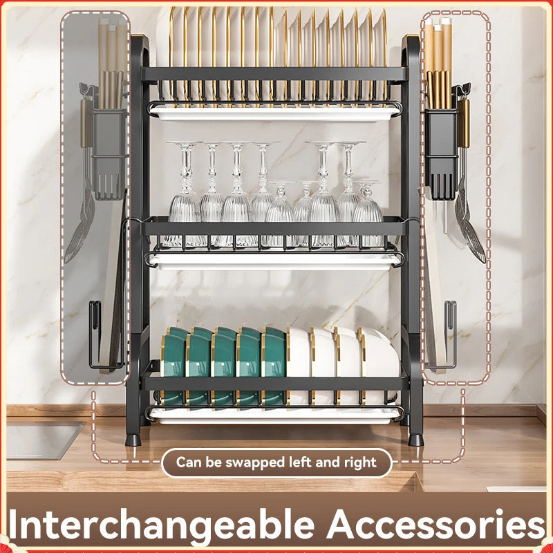 kitchen tableware organizer - multi-layer stainless steel drying rack with knife and chopstick holders