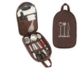Camping Cookware Set - Portable 8-piece stainless steel utensils in coffee-colored pouch