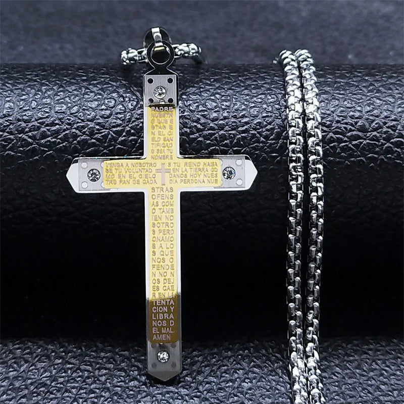 Elegant Bible Verse Cross Necklace - Spanish Lord's Prayer