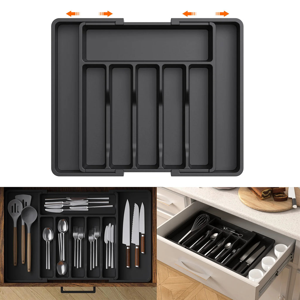 Expandable drawer organizer - adjustable black utensil tray for kitchen silverware and cutlery