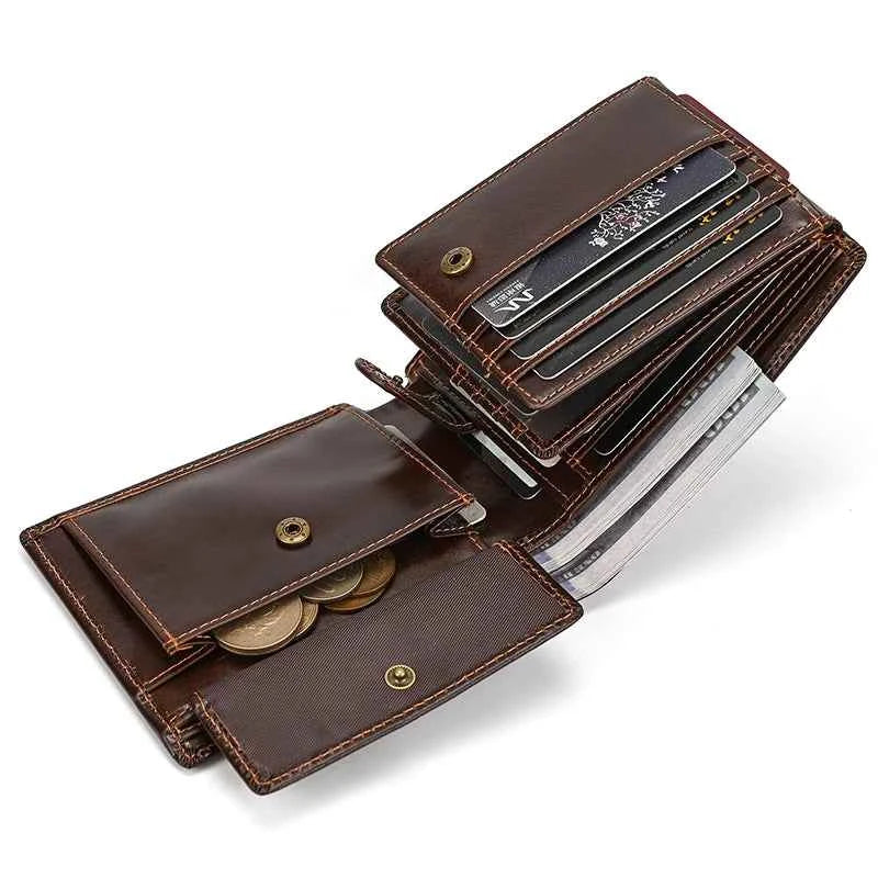 Cow leather wallet - Black short trifold clutch with hasp closure