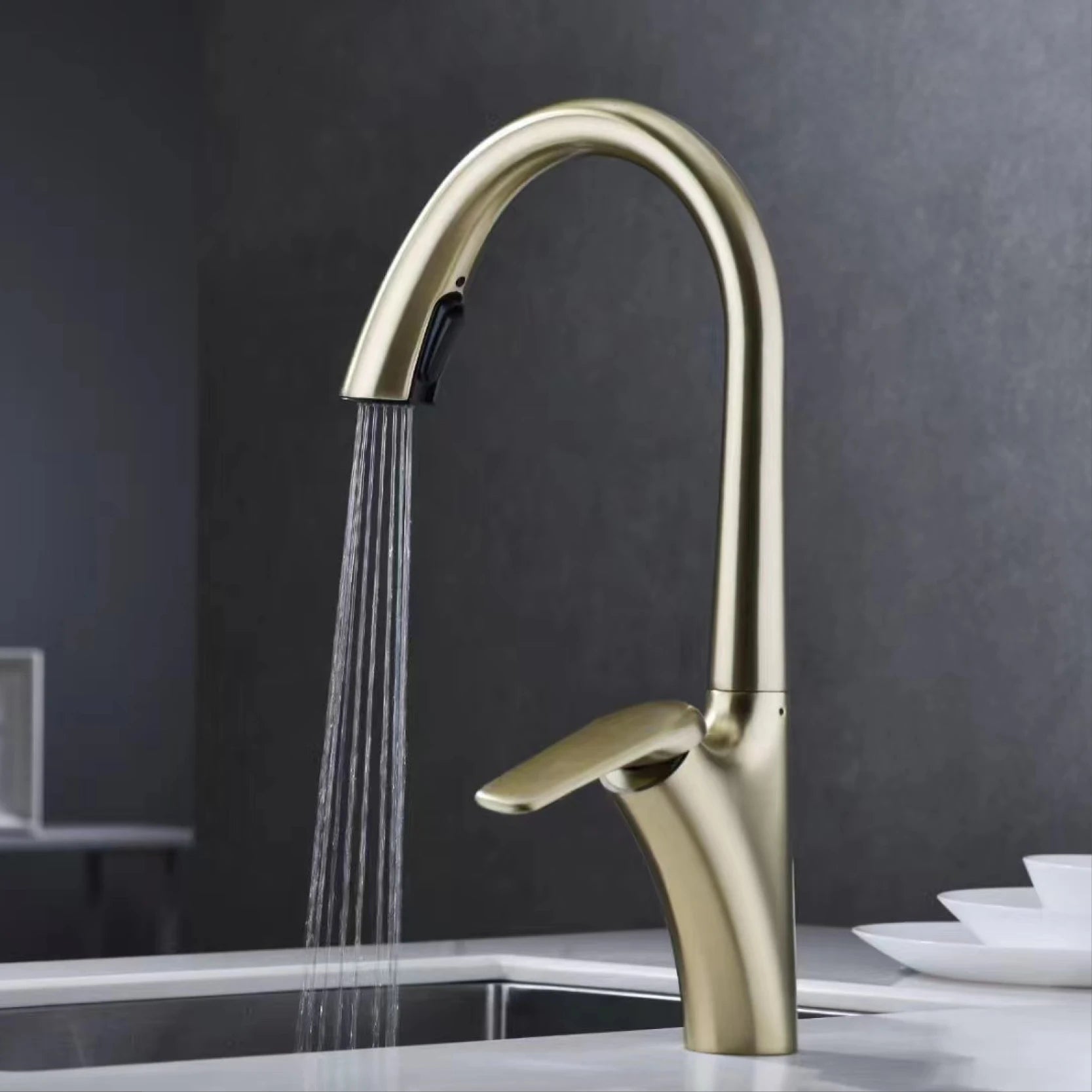 Premium Brushed Gold Kitchen Faucet - Pull-Out Spray