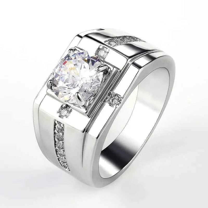 Luxury Silver Cubic Zircon Ring for Men - Classic Wedding Band