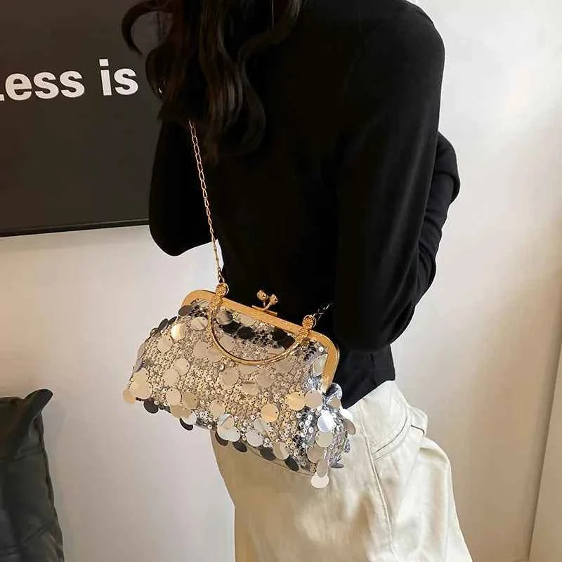 Elegant Sequins Evening Clutch Bag - Bling Chain Strap