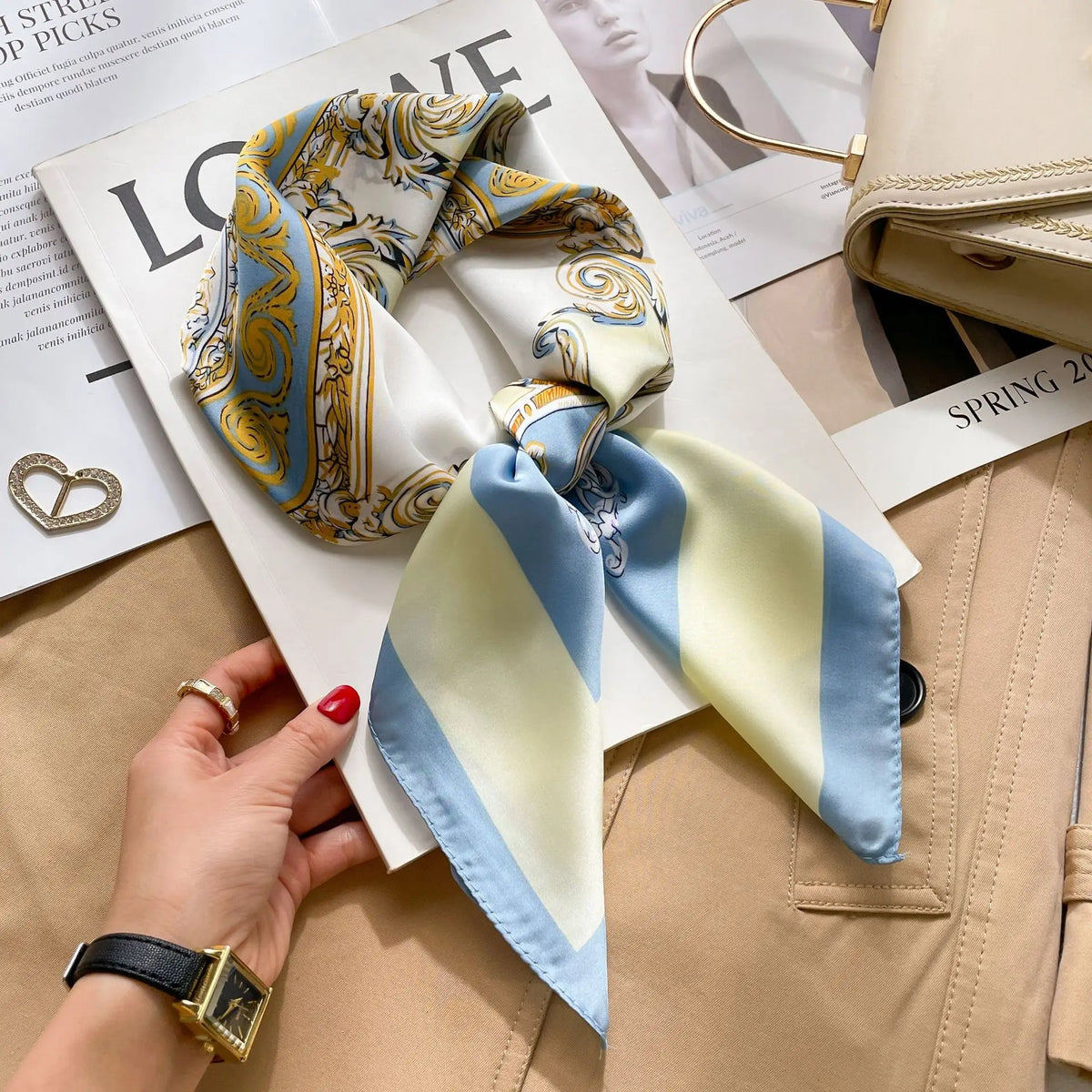 Luxury Silk Square Scarf - Elegant Hair Tie & Neck Band