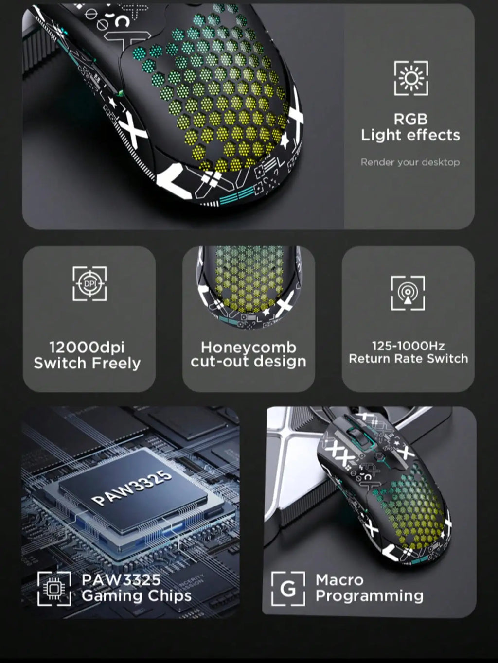Premium Lightweight Gaming Mouse - 12000 DPI Wired Honeycomb