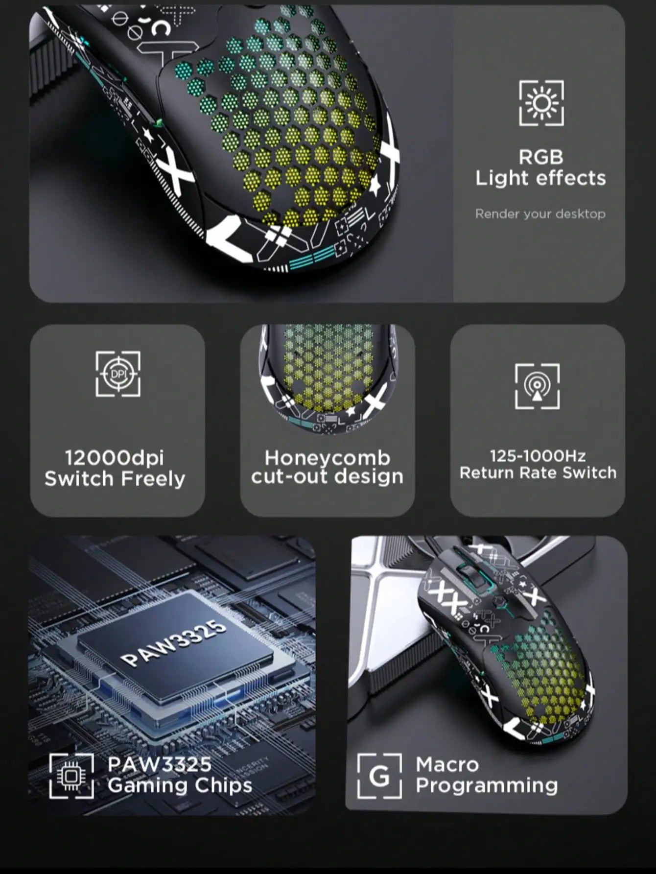 Premium Lightweight Gaming Mouse - 12000 DPI Wired Honeycomb