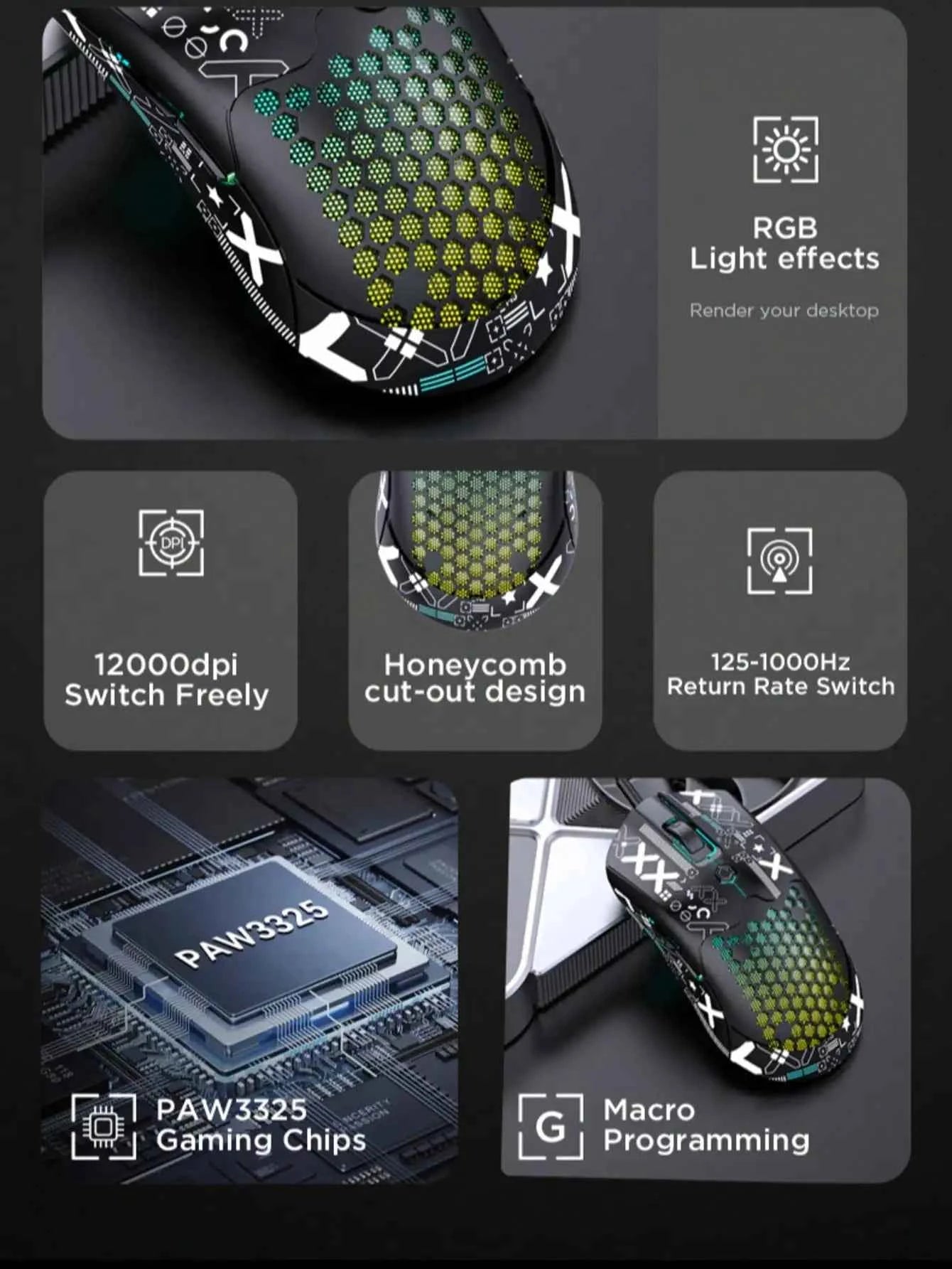 M5 lightweight wired hole mouse gaming RGB luminous PAW3325 mouse 12000DPI