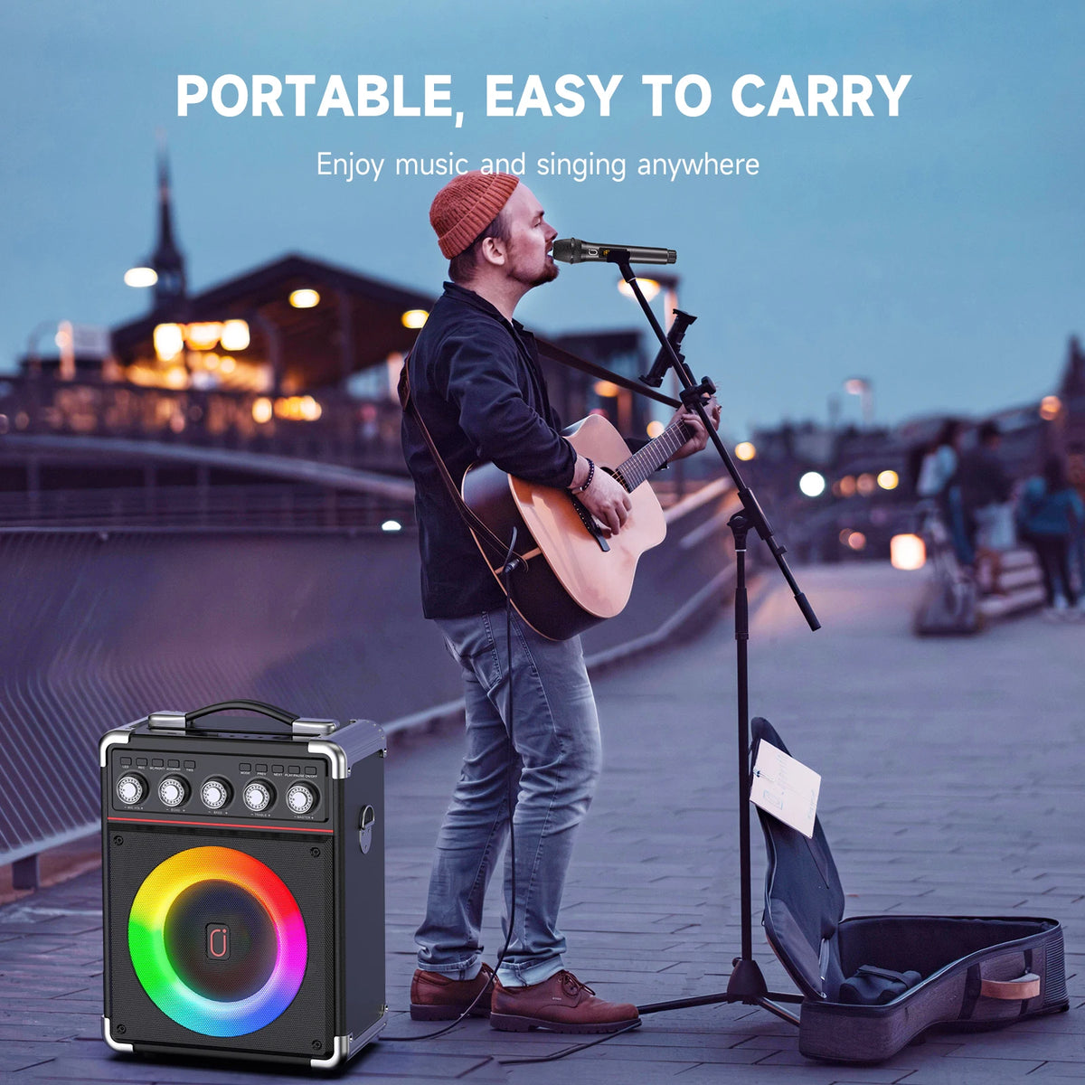 Portable Bluetooth Speaker with 2 Microphones & LED Lights