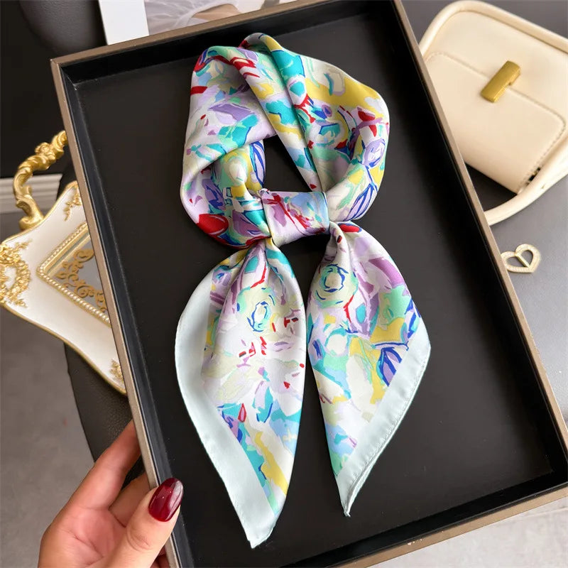 Elegant Bohemian Silk Square Scarf - Floral Satin Neck Scarf