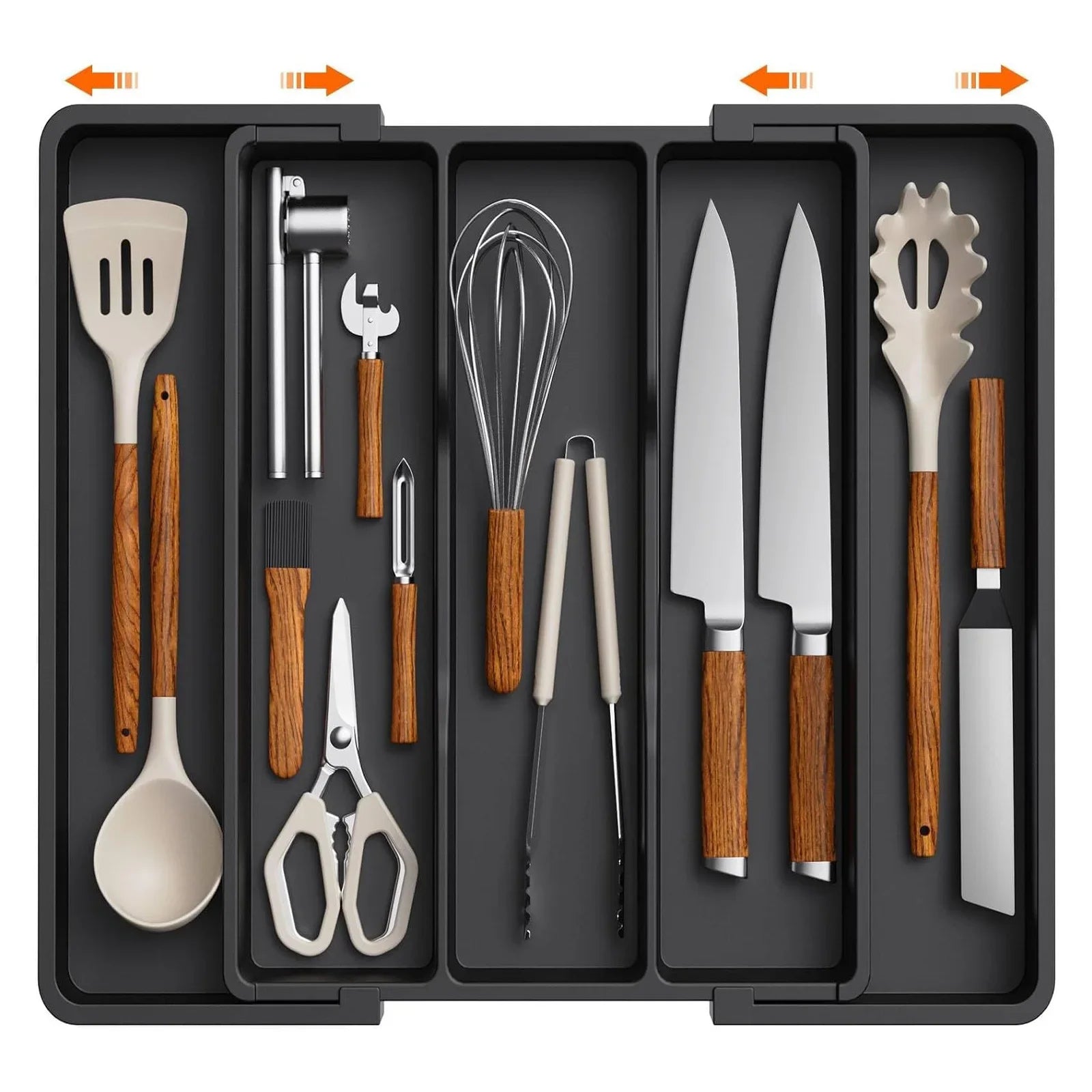 Expandable silverware organizer - adjustable black or white plastic utensil tray for kitchen drawers