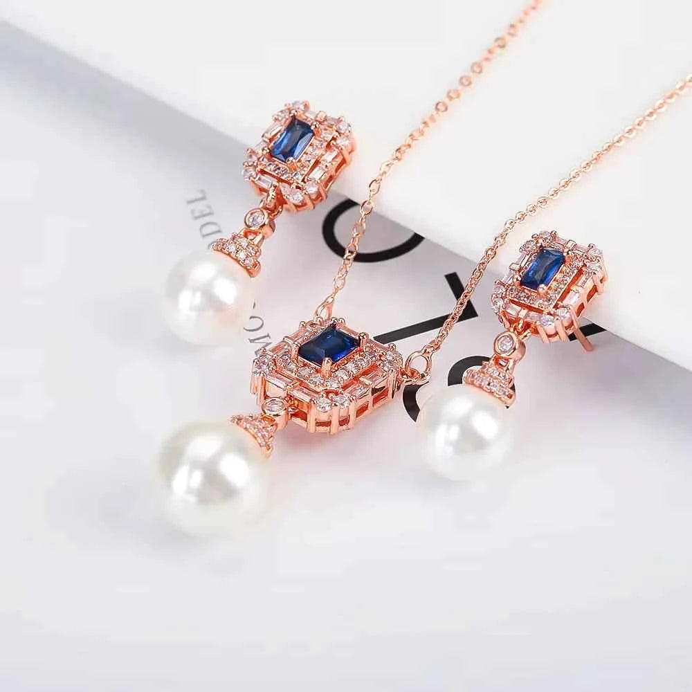 Luxury Pearl Pendant Necklace Earring Set - 18K Gold Plated