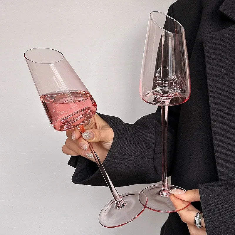 Elegant Pink Vintage Wine Glass - Slanted Mouth Design
