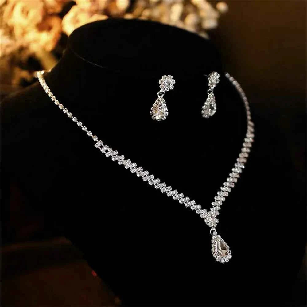 Elegant Crystal Necklace Set - Water Drop Pendant Party Jewelry