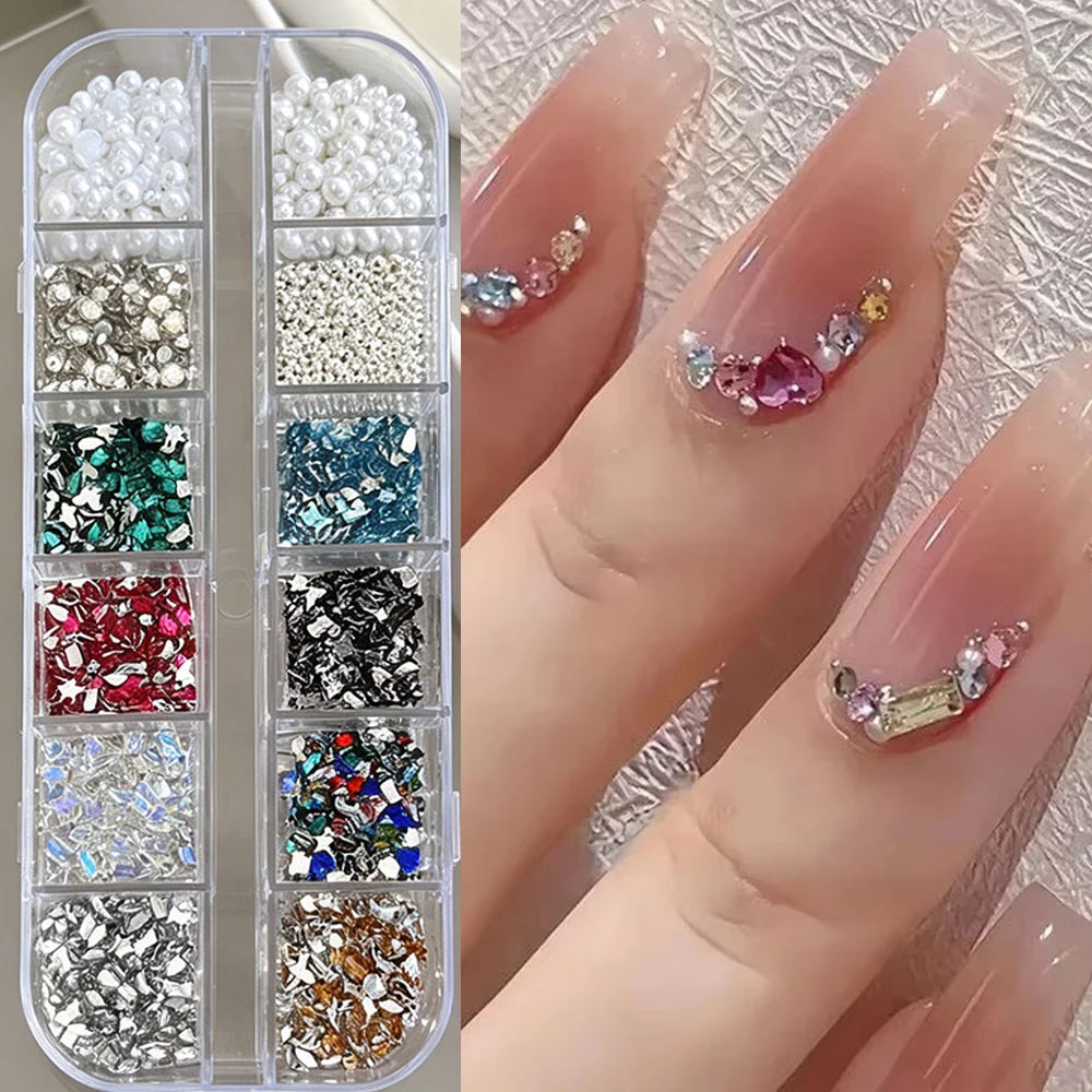 Luxury Christmas Nail Charms - 12 Grids Mixed Red & Green Gems