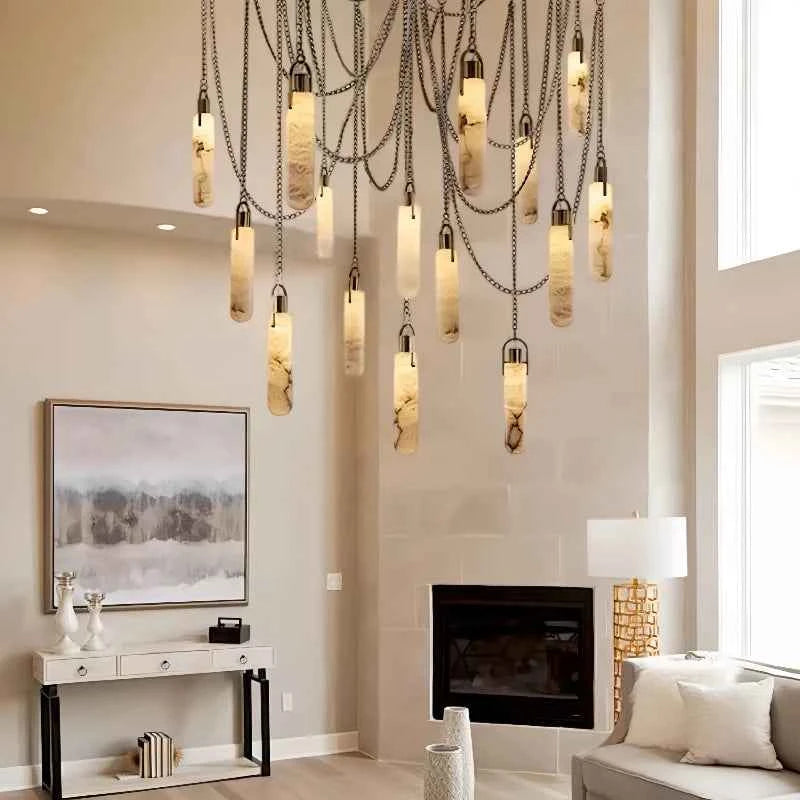 Luxury Marble Pendant Chandelier – Premium Solid Brass Multi-Light Ceiling Lamp for Living Room, Dining Area, Loft & Staircase Decor - Tulique