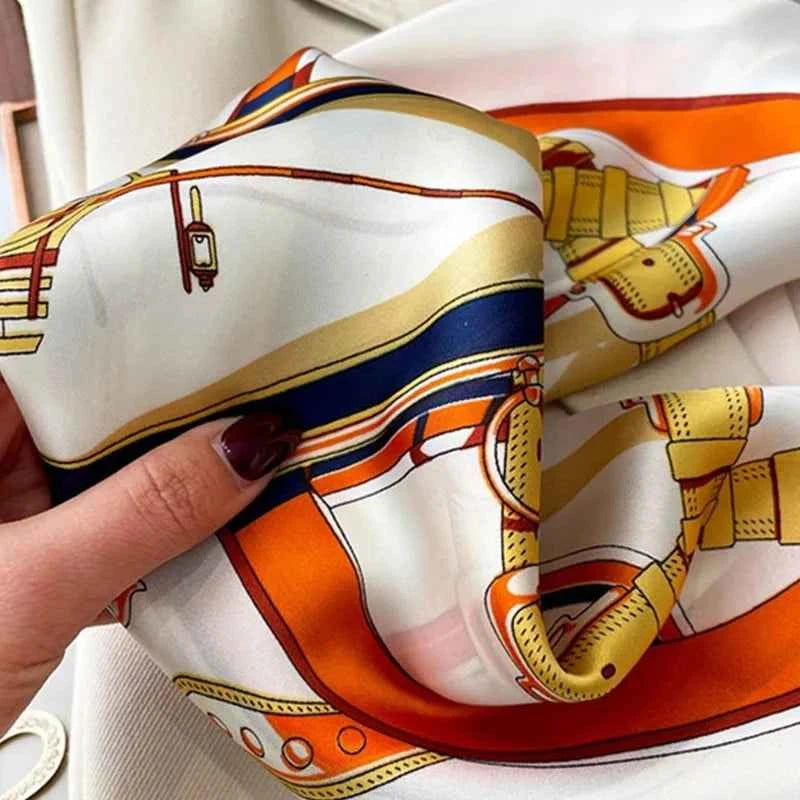 Luxury Chain Print Silk Square Scarf - Soft Satin Neckerchief