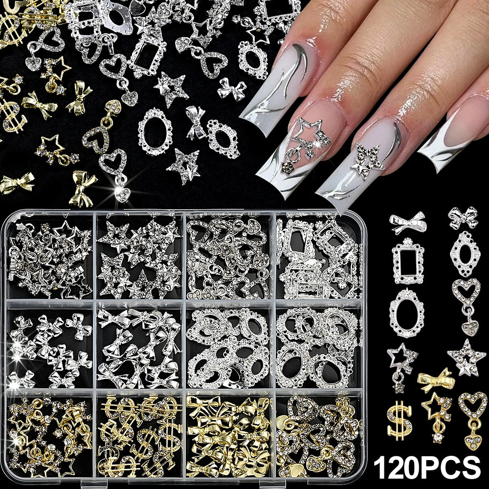 Luxury 3D Gold Bow Nail Metal Charms - 120pcs Shiny Art Supplies