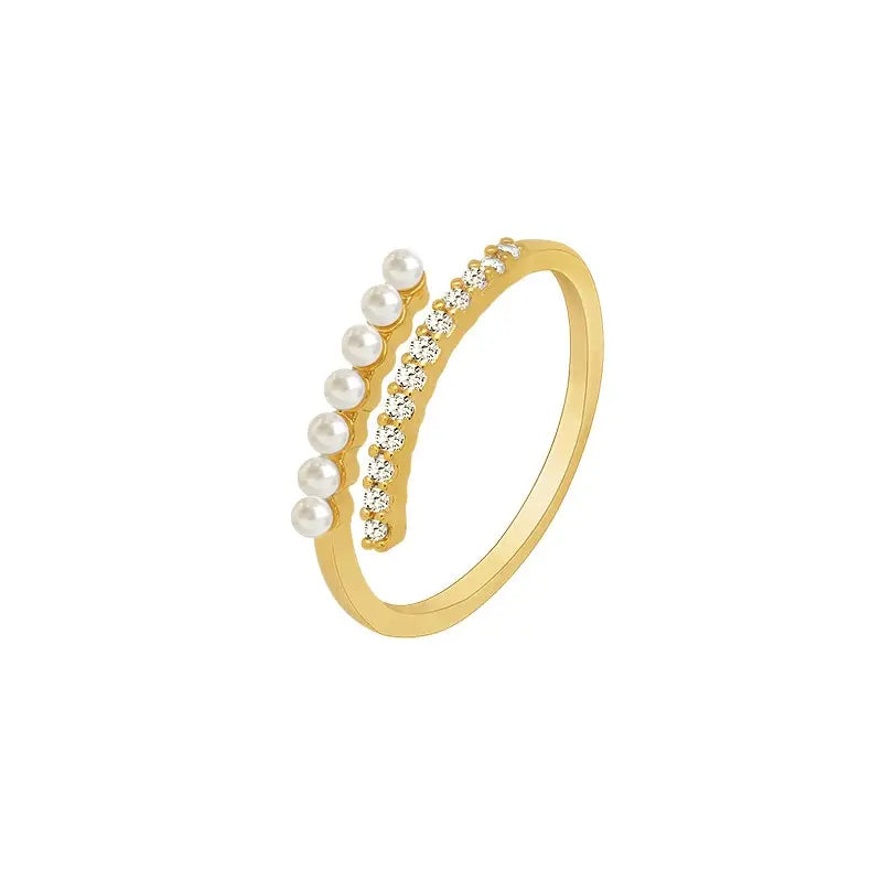 Elegant Gold Pearl Open Ring - Dainty Rhinestone Stacking Jewelry
