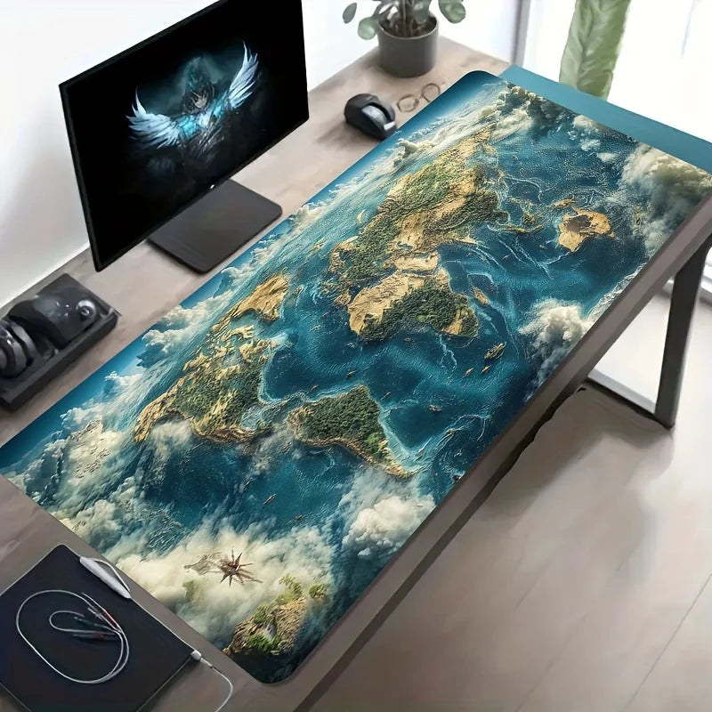 gaming world map mouse pad - large 3D adventure-style world map design with non-slip rubber base
